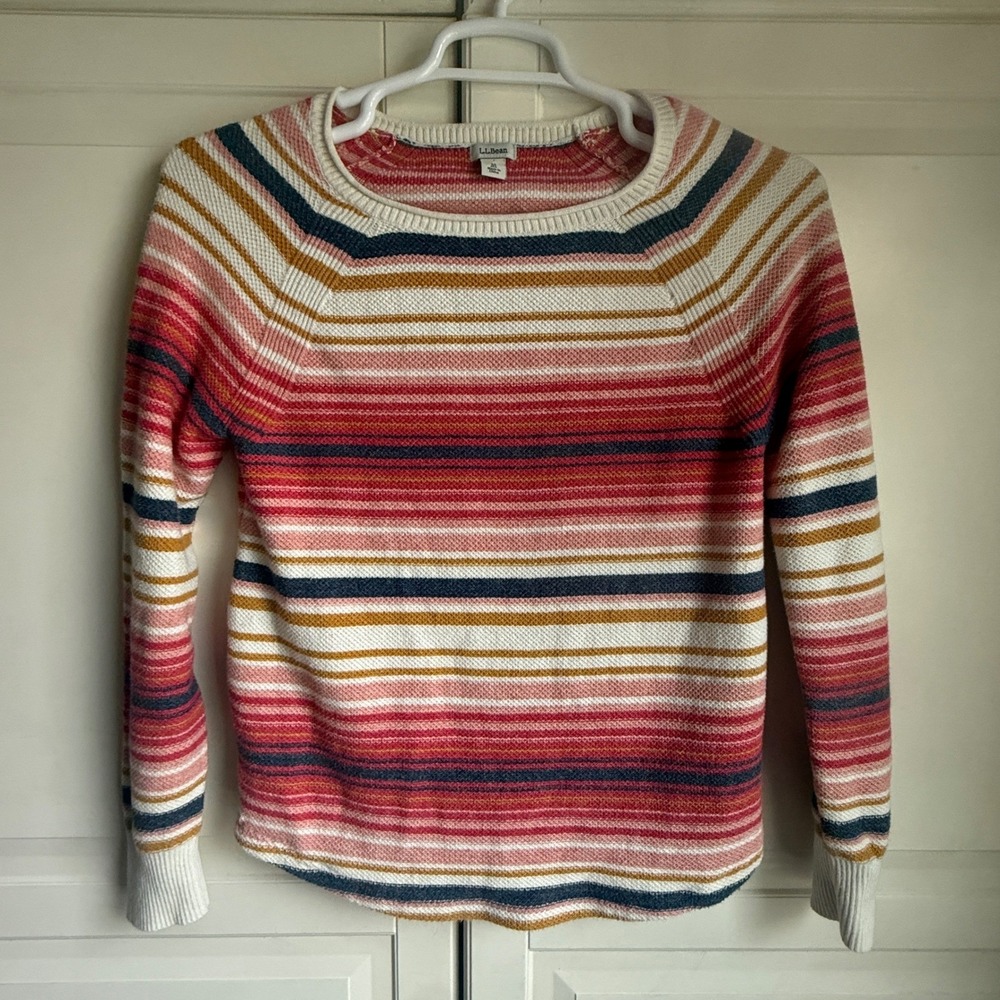LL Bean Womens Medium Striped Cotton Raglan Sweater Red‎ Pink Mustard 507326